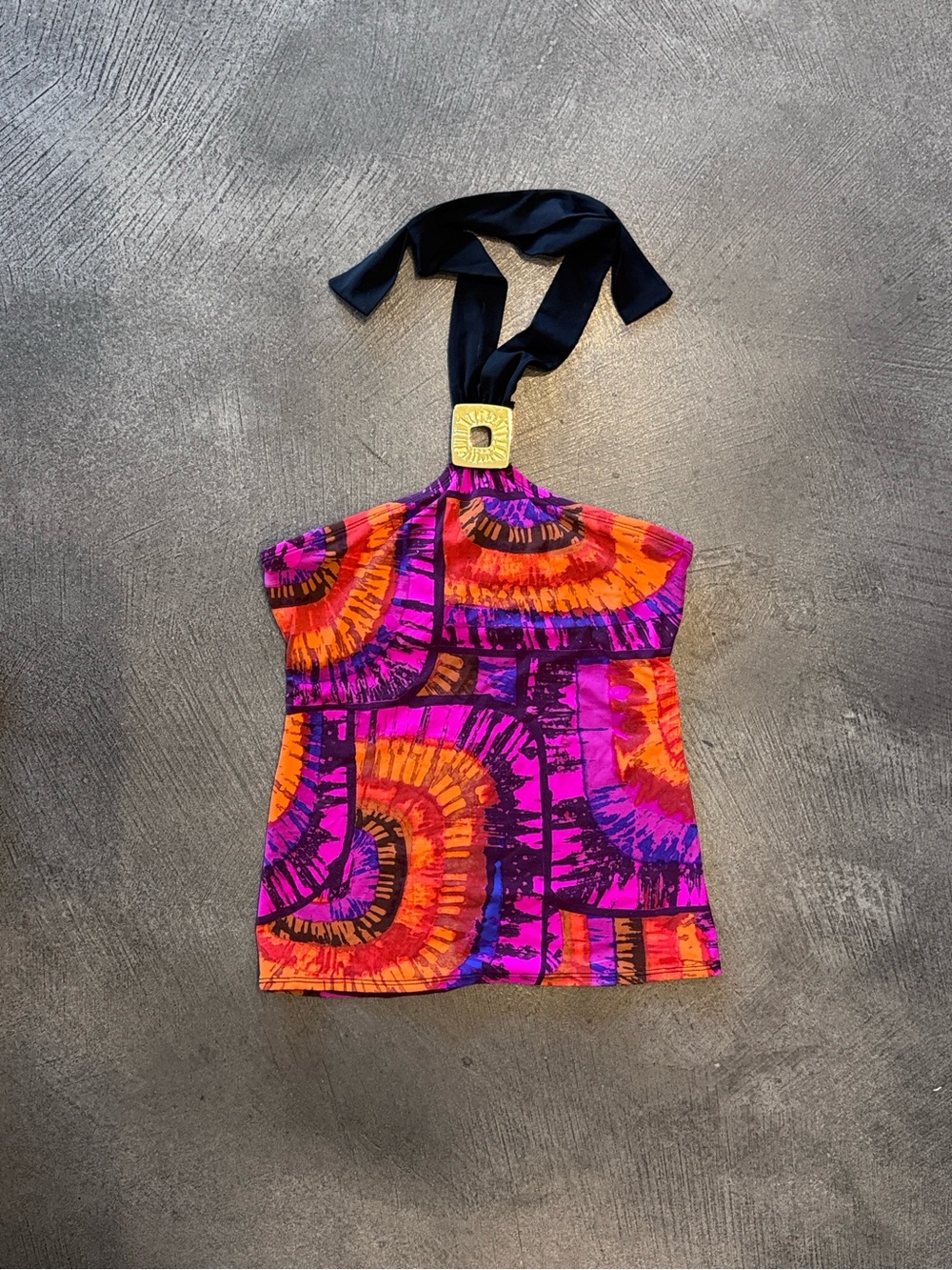 Tie-Dye Halter Y2k Tankini with Gold Accent - Pink & Orange